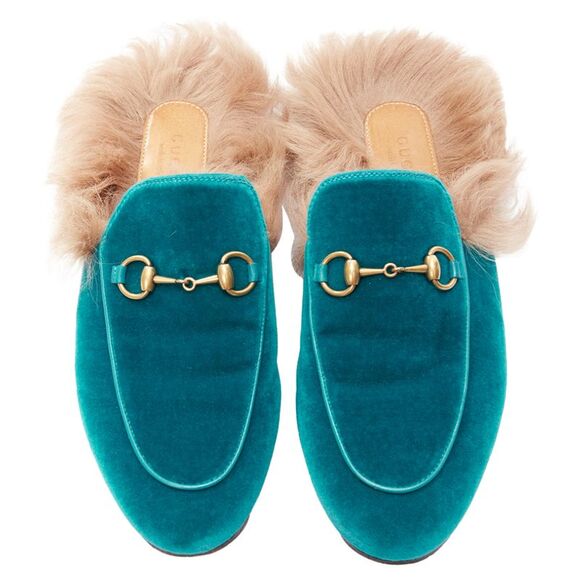 Gucci Princetown velvet horse bbuckle fur lined slide loafers - Picture 1 of 6